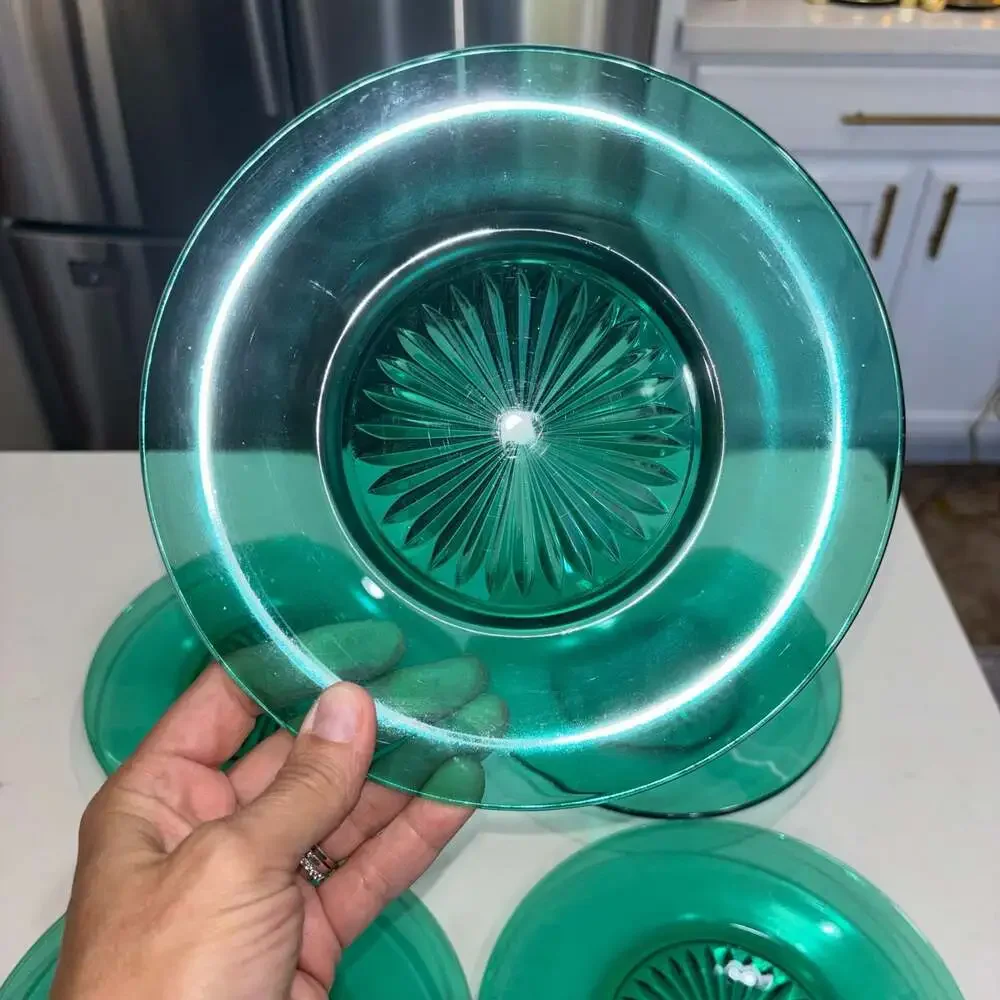 Vintage Emerald Green Pressed Glass Starburst Center Salad Plates Set of 5